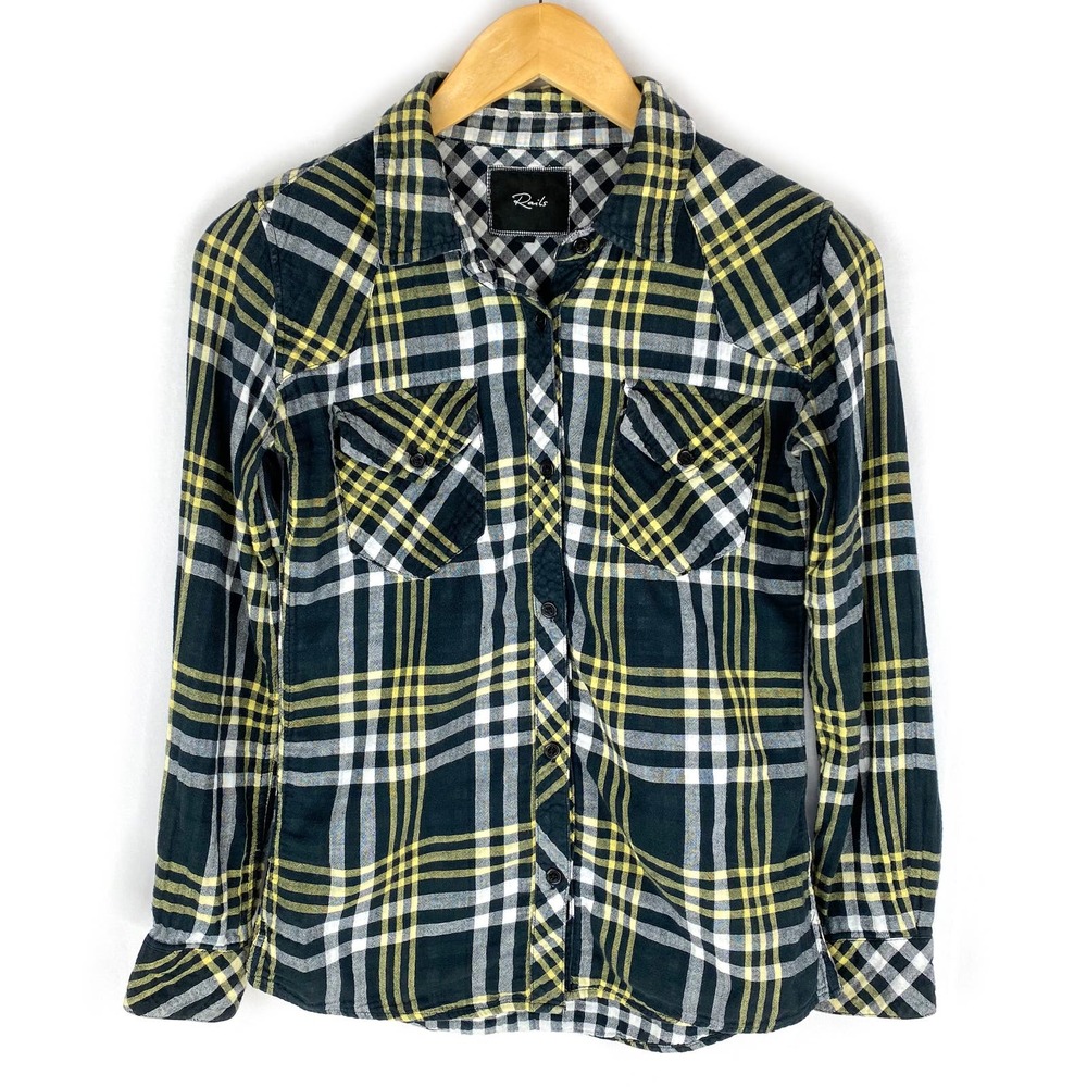 Rails Plaid Button Down Shirt Navy Double Gauze 100% Cotton Long Sleeve XS